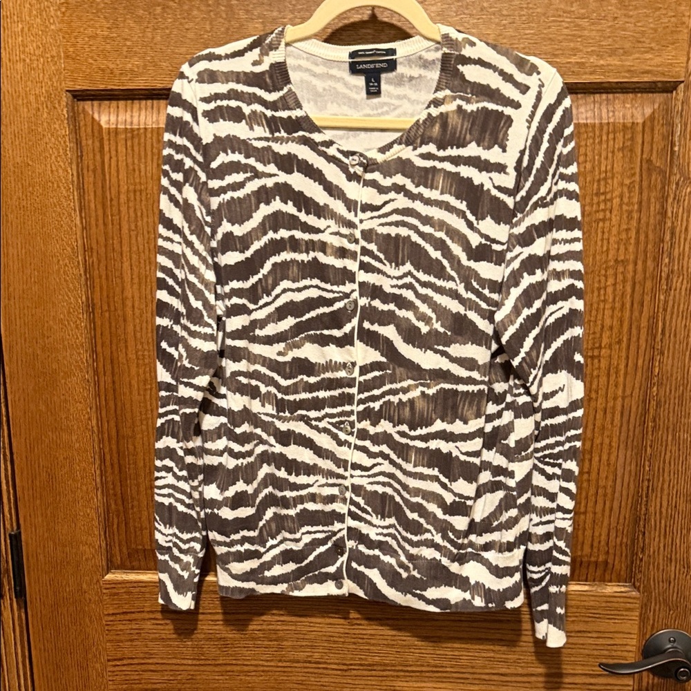 Lands' End Black and White Animal Print Cardigan Large